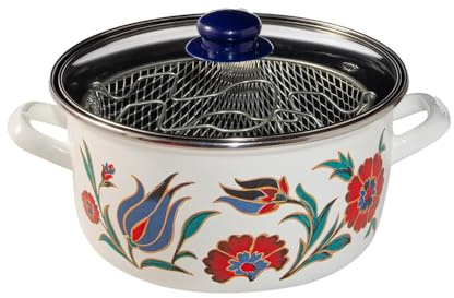 Serenk Emaille-Frittiertopf, 22 cm, 4 L, mit Glasdeckel und Frittierkorb | induktionsgeeignet, dekoriert, dunkelblauem Kunststoffknauf, , für alle Herdarten