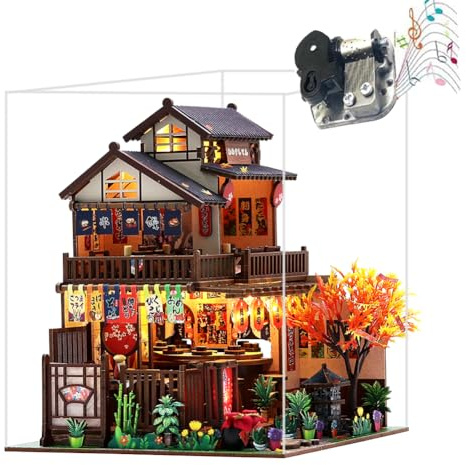 TOPBSFARNY 3D Japanisches Sushi Shop Miniatur Haus, Book Nook Kit für Erwachsene mit musikalischer Bewegung, DIY Holzpuzzle Bastelset für Geburtstag Hochzeitsgeschenk (Mit Staubschutz)