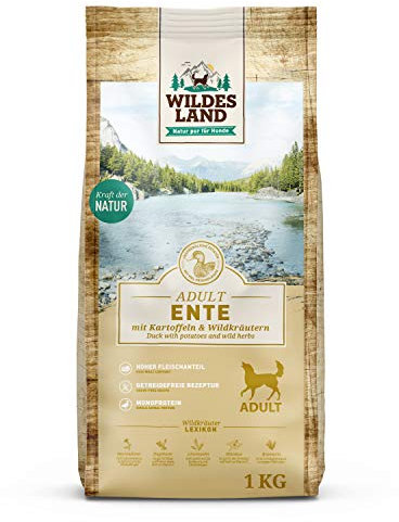 Wildes Land - Nr. 2 Ente - 1 kg - mit Kartoffeln und Wildkräutern - Glutenfrei - Trockenfutter für Hunde - Hundefutter mit hohem Fleischanteil Hohe Verträglichkeit