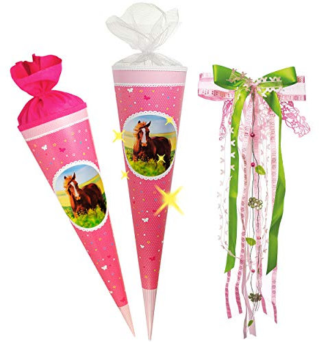 alles-meine.de GmbH 3D Bewegungs - Effekt ! - Schultüte - Pferd & Pferdeliebe - 85 cm - rund - incl. große Schleife - Tüllabschluß - Zuckertüte - mit/ohne Kunststoff Spitze - G..