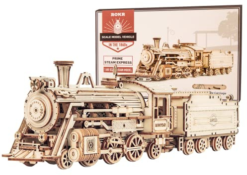 ROKR 3D Wooden Puzzle for Adults-Mechanical Train Model Kits-Brain Teaser Puzzles-Vehicle Building Kits-Unique Gift for Teens on Birthday/Christmas Day(1:80 Scale)(MC501-Prime Steam Express)