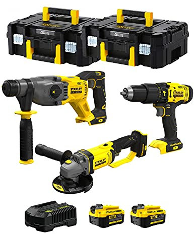 STANLEY FatMax Kit SVK301 (Martillo SFMCH900 + Mini-Amoladora SFMCG400 + Taldro Percutor SFMCD711 + 2 Baterías de 4,0 Ah + Cargador + 2 x TSTAK II)