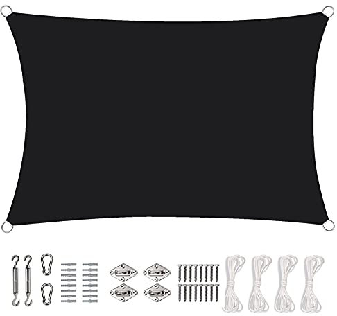 Voile d'ombrage Rectangulaire 4x6.5m Imperméable Anti UV Toile Solaire Voile avec Le Kit de Fixation pour Jardin Terrasse Pergola Balcon Patio, Noir