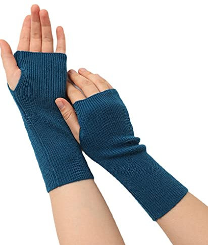 Prettystern Gerippte Damen 100% Kaschmir-Wolle Fingerlose Pulswärmer handgelenk-wärmer Frau Hand-Stulpen Cashmere Halb-Handschuhe Blau