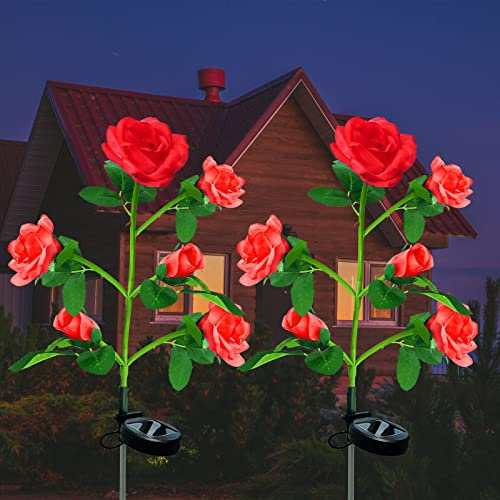 VGE Dekorative Garten-Solarleuchten, 2 Stück, für den Außenbereich, Solar-Rosen-Blumenlichter mit 12 Rosenblumen, solarbetrieben, wasserdicht, Pfahl, Weg-Linghting Lampe für Hof, Gehweg, Urlaubsfeier