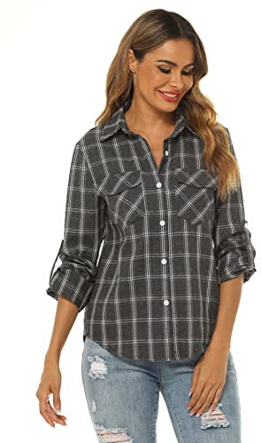 Ietaoo Chemisiers Femme Chemise à Carreaux Coton Manches Longues Flanelle Chemise Blouse Classique Décontractée Shirt pour Automne Hiver Printemps Gris M