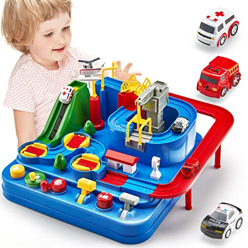 hahaland Pista Coches de Juguetes Niños 3 Años, Circuito de Carreras Pista de Rampas City Rescue Juguetes de Aventura Playset, Garaje Coches Juguete Educativo Regalo para Niños 3 4 5 6 7 8 Años