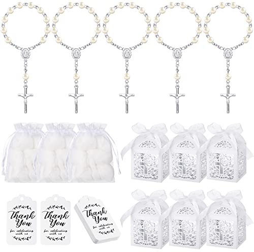 MTLEE 100-teiliges Taufgeschenk-Set enthält 25 Mini-Rosenkranz-Taufgeschenke, 25 Taufgeschenkboxen, 25 weiße Organza-Beutel mit Kordelzug, 25 Dankeschilder für Babyparty, christliche Geschenke