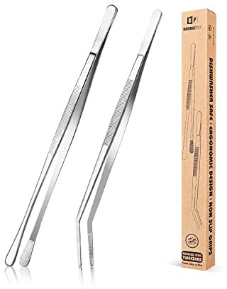 2 Pincettes de cuisine en acier inoxydable, 12'' et 10'', pincettes longues de cuisine argentées pour la cuisine, les réparations, les fruits de mer et le BBQ