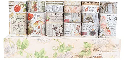 LGEGE 18 Rollen Vintage Washi Tape Set, 75/50/30/25/20/15/10/5 mm breit, floraler Schmetterling, Pilz, Blumenblätter, Dschungelgeschenk, alter Buchstaben, Retro-Abdeckband, Dekor für Scrapbook (2 m)
