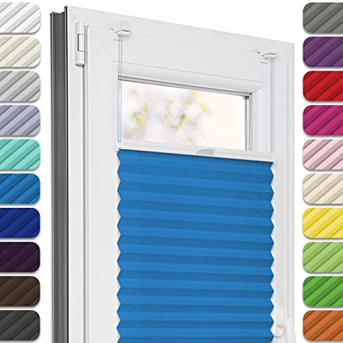 Estika Plissee ohne Bohren, Premium Klemmfix - 90cm Breite x 100cm Höhe - Blau - Metal Plisseehalter ohne Bohren, Modern Sichtschutz für Fenster, Jalousien Fenster für innen