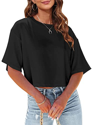 Tankaneo Women's Cropped T Shirt Drop Shoulder Half Sleeve Shirts Round Neck Crop Tops Casual Summer Solid Color Basic Tees