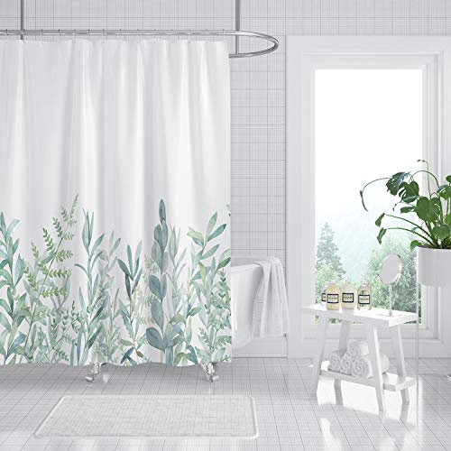 M&W DAS DESIGN Duschvorhang grüne Blätter Blumen Pflanzen Badezimmer Textil Vorhang mit Antischimmel Effekt waschbar Shower Curtain badewanne inkl. 10 C-Ringe mit Gewicht unten 150x200cm(BxH)