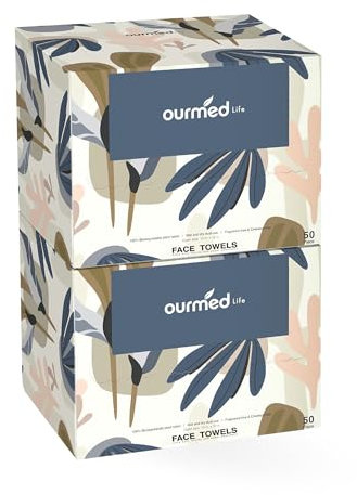 Ourmed Life Toallas Faciales Desechables Biodegradables, Toallitas Faciales Sin Pelusa para Piel Sensible, Limpieza, Cuidado de la Piel y Desmaquillante, Secas 12x10, 100 Unidades