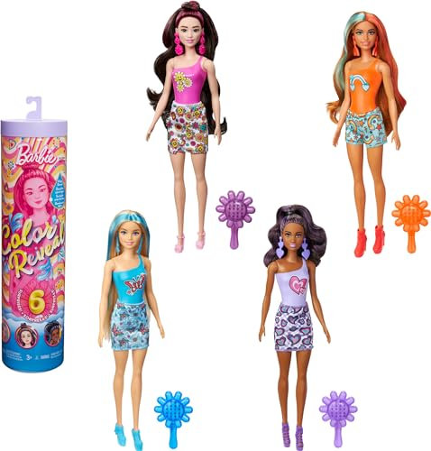 Barbie Color Reveal Puppe & Zubehör mit 6 Unboxing-Überraschungen, Groovy-Themen-Serie mit farbwechselndem Mieder, inspiriert von den 1960er Jahren
