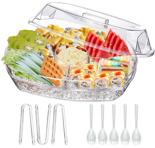 MHEOMTME Ice Chilled Party Platter, 15 Inch Clear Veggie Fruit Trays with Lid and Dip, Cold Food Serving Trays for Parties, Charcuterie Boards with Ice Tray on Bottom