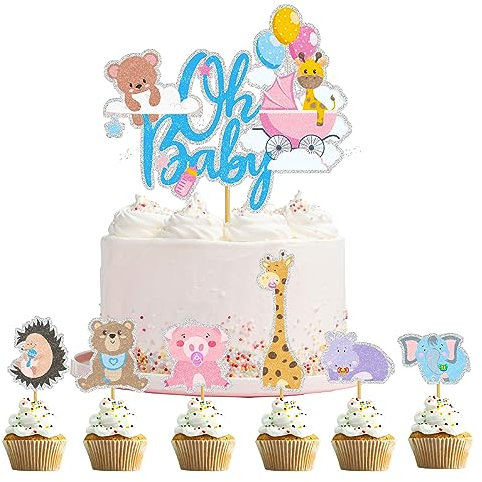 KOBOKO 7er Oh Baby Cake Topper,Oh Baby Deko,Happy Birthday Tortendeko für Mädchen Junge,Tiereinsätze für Baby-Geburtstagstorte,Happy Birthday Deko für Baby Shower Eine Gender Reveal Partydeko