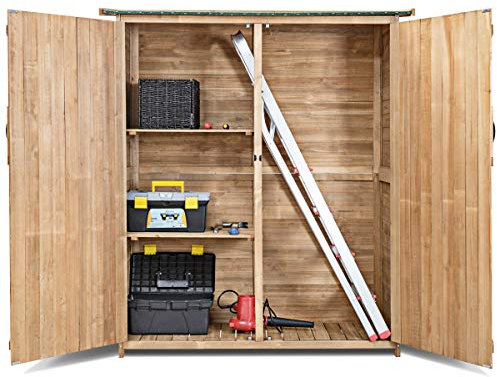 COSTWAY Capanno Porta Attrezzi in Legno, Ripostiglio da Esterno con 2 Porte e Ripiani, Serratura e Tetto Impermeabile, Casetta da Giardino, Cortile e Fattoria, 140 x 50 x 162 cm