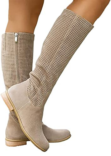 Briskorry Stivaletti da donna classici in pelle scamosciata, con chiusura lampo, a mezza altezza, da donna, beige., 40 EU