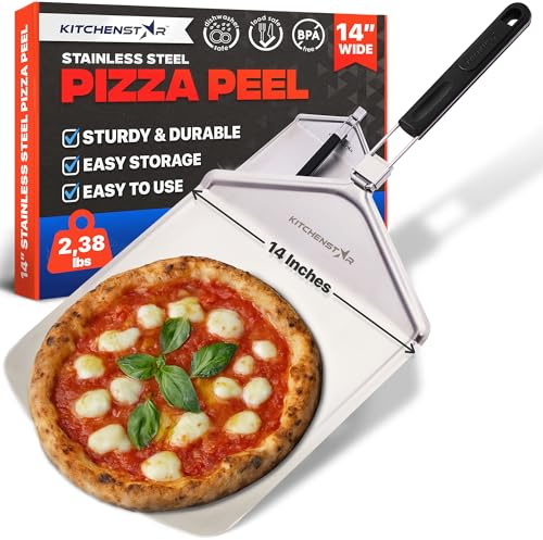KitchenStar Pizzaschieber aus Edelstahl, 35,6 cm mit 25,4 cm klappbarem Griff, groß – Spatel für mühelosen Pizza-Transfer und einfache Lagerung – Outdoor-Pizzaofen-Zubehör