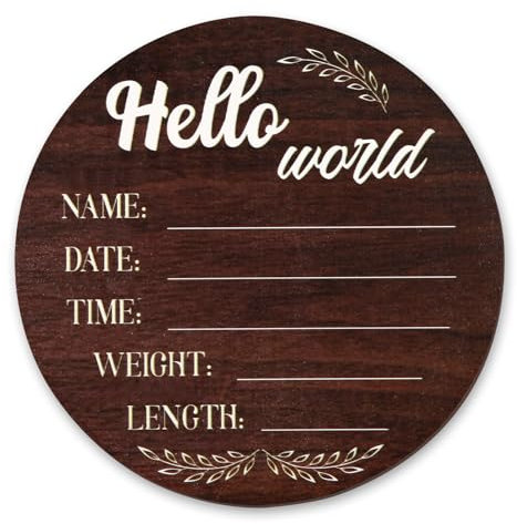Ankündigungsschild Baby aus Holz, 15cm Durchmesser Hello World Schild Meilenstein Karten für Baby Neues Baby Schilder Holz für Krankenhaus Kindergarten Frischgebackene Eltern Babyparty (Braun)