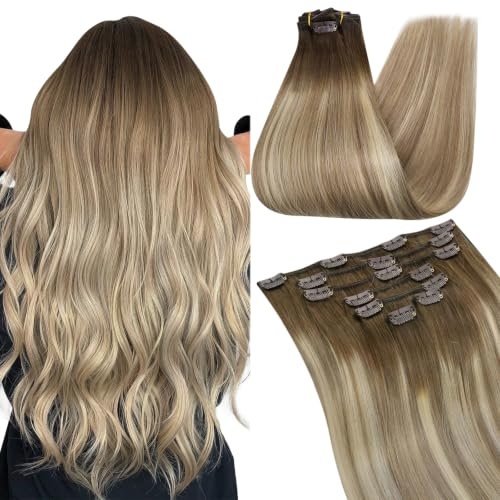 Ugeat Human Hair Clip in Extensions 20 Inch Brown Balayage 120g | Clip in Hair Extensions Human Hair, Dark Brown Balayage, Light Brown Mix Medium Blonde, Clip on Hair Extensions, Natural Look