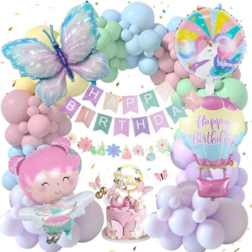 SIMSPEAR Einhorn Deko Kindergeburtstag, Schmetterlingsballon Geburtstagsdeko mit Happy Birthday Banner, Fee Ballon Schmetterling Aufkleber, Einhorn Party Deko für Mädchen Geburtstags Deko