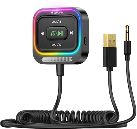 Syncwire Adaptador Bluetooth 5.4 para Coche Aux de 3.5mm Jack Kit de Receptor Bluetooth Coche con Cable Enrollado [Gran Micrófono] [Llamada Manos Libres] [Bajo Profundo HiFi] [Luz Colorida], Negro