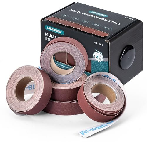 Libraton Schleifpapier Rollen, Schmirgeltuchrolle, 5 Rollen Schleifpapier mit Box, Körnung 150, 240, 320, 400, 600 Aluminiumoxid Schmirgelpapier für Holzbearbeitung, Möbelreparatur, 25mm x 7,5m(25Fuß)