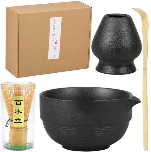 4Pcs Matcha Starter Kit, Japanese Matcha Tea Set with Whisk, Bowl, Spoon, Holder - Black