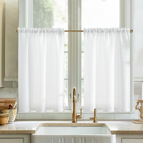 Vangao Scheibengardine Leinenoptik Bistrogardine Uni Modern Küche Schriften Vorhänge Gitter Halbtransparente Paarig Schals für Wohnzimmer Landhaus Kleine Fenster 90x60cm Weiß 2er Set
