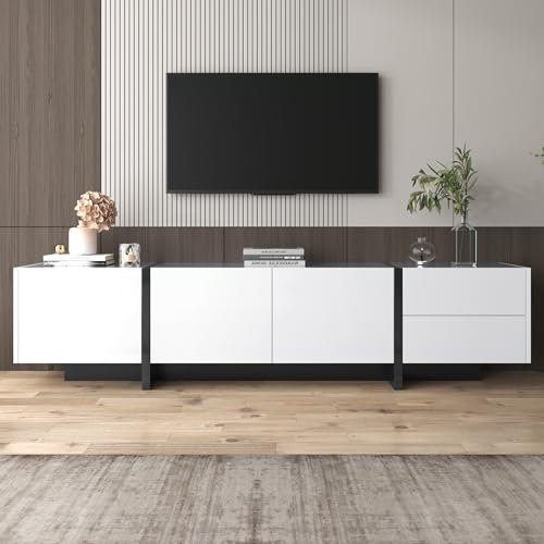 Moimhear Mobile TV, pannello basso con gambe a blocchi di colore nero lucido e bianco, con ante e cassetti, ante con ripiani, design semplice a linee (bianco)