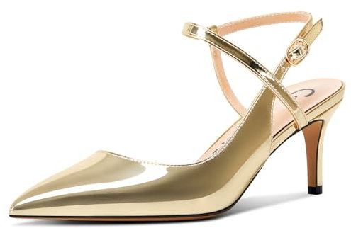 Castamere Donna a Punta Medio Gattini Tacco Heel Cinturino alla Caviglia Pumps Slingback Dress Sandali Fibbia Ufficio Scarpe 6.5 CM Heels Oro 41 EU