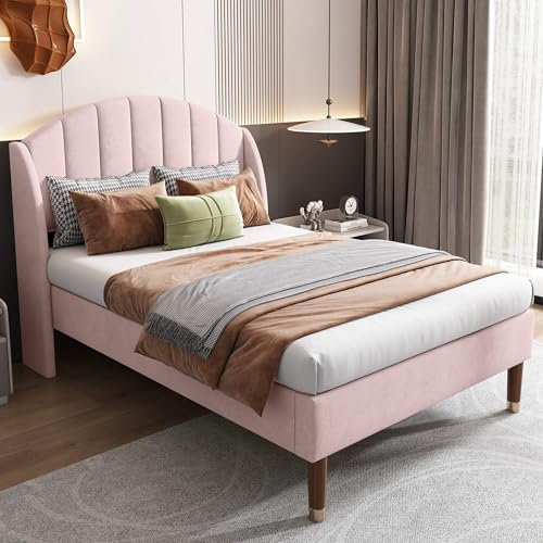 NQSLDM Lit capitonné, 90 x 200 cm, avec tête de lit et sommier à lattes, lit simple avec espace de rangement, lit en velours doux pour la peau, support à lattes en bois, sans matelas, rose