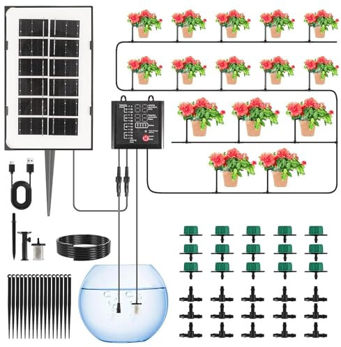 Solar Bewässerung Set, FOOING Automatische Bewässerung Kit Garten, Tropfschlauch Bewässerung Pflanzen, für Garten, Balkon, Topfpflanzen im Freien mit 12 Bewässerung Modi und 15m Tropfschlauch