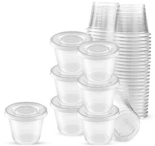 CHEF ROYALE 50pcs Shot Glasses-Disposable Shot Glasses with Clear lids - 30ml- Clear Disposable Shot Glasses - Ideal for All Events (50)