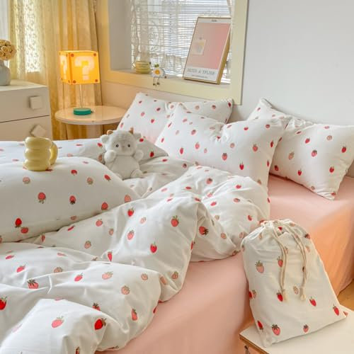 Nyescasa Bettwäsche Erdbeeren 135x200 Mädchen Kinder Rosa Weiß Erdbeere Bettwäsche Set Weich Mikrofaser Kawaii Bettbezug mit Reißverschluss und Kissenbezug 80x80cm