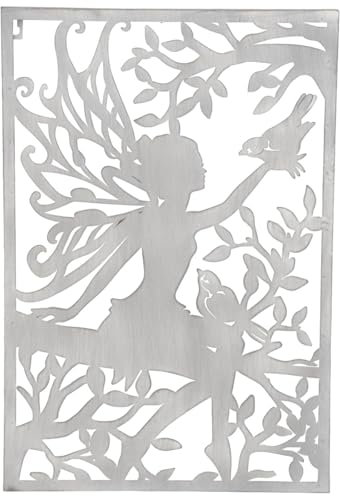 Shabby Chic Wandbild Elfe in Grau zum hängen - Edle wetterfeste Wanddeko aus Eisen zum Aufhängen für Garten und Wohnzimmer - Vintage Metallkunst 57 cm mit Fee im Landhausstil Outdoor hängend