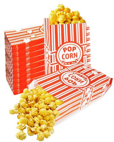 TayBong Popcorn Tüten, 150 Stück, Rot-Weiß, 9 x 6 x 21 cm, Wegwerfbar, Papiertüten, Kopffalt, Stand-up, Ideal für Kino, Partys & mehr