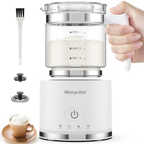Morpilot Milchaufschäumer Elektrisch, 130-500ml 600W, 4 in 1 Milchschäumer für Heißer und Kalter, Spülmaschinenfest, Visuelles Glas, Latte-Design, Weiß