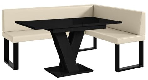 MEBLINI Eckbank für Esszimmer mit ausziehbarem Tisch - Küchenbank - Essecke - Sitzecke Küche - Toni - U-Beine 128x168x87cm Rechts - Creme Kunstleder/M Schwarz Hochgl.