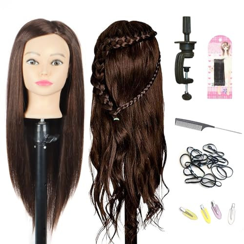 Schaufensterpuppe Kopf 26Inch Weiblich 80% Echthaar Friseur Kosmetologie Schaufensterpuppe Schaufensterpuppe Ausbildung Kopf Haar Puppe Kopf mit Tischklemme Halter (4#, 26Inch)