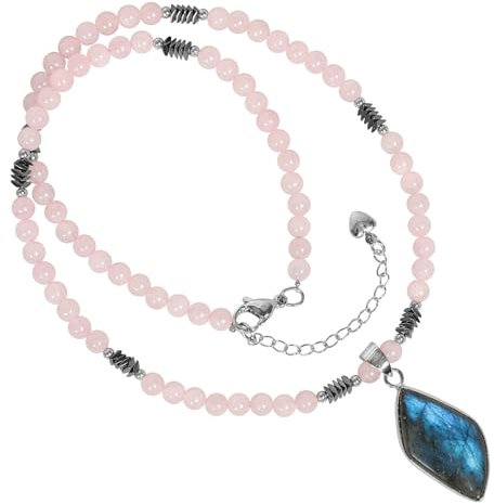 mookaitedecor Labradorite Pendant Necklace Labradorite Crystal Jewellery for Women, Moonstone Necklace Rose Quartz Bead Necklace Pink Healing Crystal Necklace Short Beaded Precious Stone Necklace