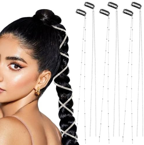 6 Stück Strass Haarketten, Punk Quaste Glitzersteine Haare, 18.1 Zoll Lange Haarspangen Mit Strasssteinen, Silbrig Haar Lametta für Haare Festival Party