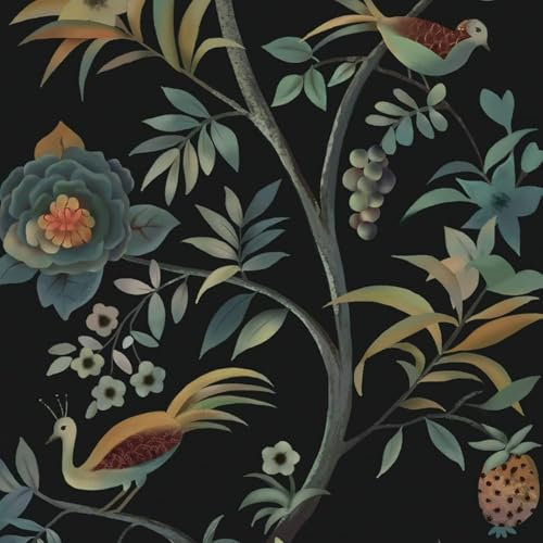 CiCiwind Self Adhesive Wallpaper Black Floral Wallpaper 41CM×10M Waterproof Peel and Stick Wallpaper Vintage Tree Bird Contact Paper Removable Sticky Back Plastic Living Room Wall Furniture Vinyl Wrap