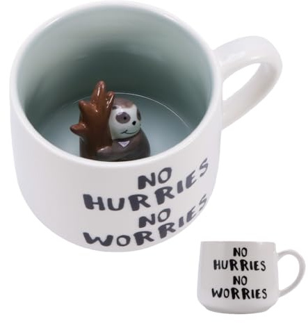 UV STYLISH Faultier 3D Keramik Tasse – Das perfekte Geschenk für Faultier-Liebhaber, Kaffeebecher mit verstecktem & No Hurries No Worries Spruch