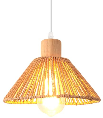iDEGU Retro Pendelleuchte, 22cm Vintage Hängelampe Boho Stil Lampenschirm aus Rattan Holz E27 Deckenleuchte Moderne Hängeleuchte für Esszimmer Wohnzimmer Küche Schlafzimmer Restaurant (Braun)