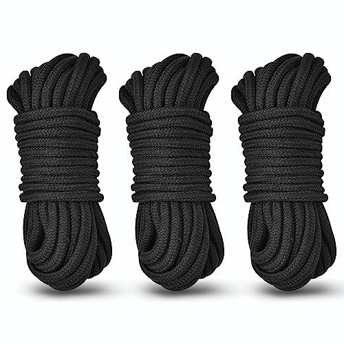Soft Cotton Rope Thick Cord - Sturdy Tying Rope,Twisted Cotton Knot,All Purpose String 10 Meters for Camping,Gardening, Bondage,Home Decor and DIY Craft Black Cord(3 Pack)