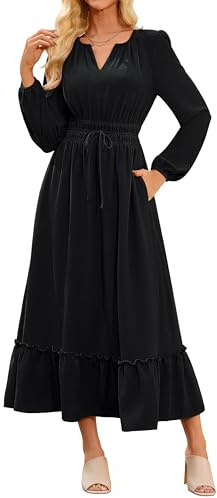 GRACE KARIN 2025 Ladies Elegant Long Sleeve Flowy A Line Dresses Casual V Neck High Waist Maxi Dresses Black M