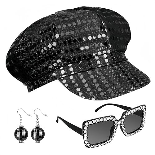 SDXCJY 3Stück Set 70er Jahre-Sequins-Hut, silberner Disco-Hut für Erwachsene. Mit sequiniertem Schmuckkette, quadratischen Glitzer-Sonnenbrillen. Disco-Kostüm-Set für Frauen (Blau) (Schwarz)